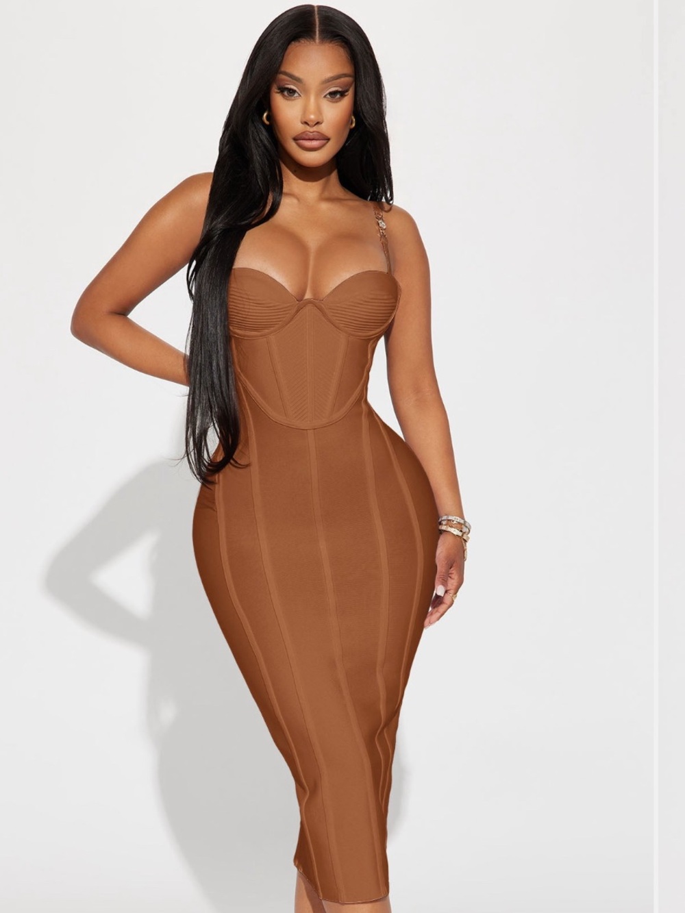 Fashion Nova Brown Corset Bustier Midi Dress